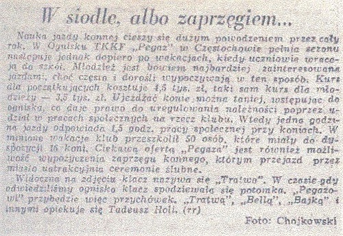 W siodle albo zaprzęgiem. Artykuł na temat TKKF Pegaz z Trybuny Robotniczej (18.09.1984 r.)