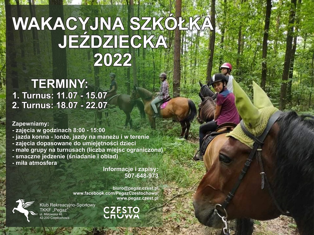 Plakat promujący wakacyjną szkółkę jeździecką organizowaną przez TKKF Pegaz w terminach: 11.07-15.07.2022 oraz 18.07-22.07.2022
